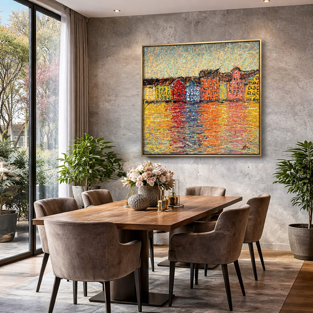 Sunlit Waterfront Magic – Ready to hang by Nadin Antoniuk | Buy Original Artwork Online